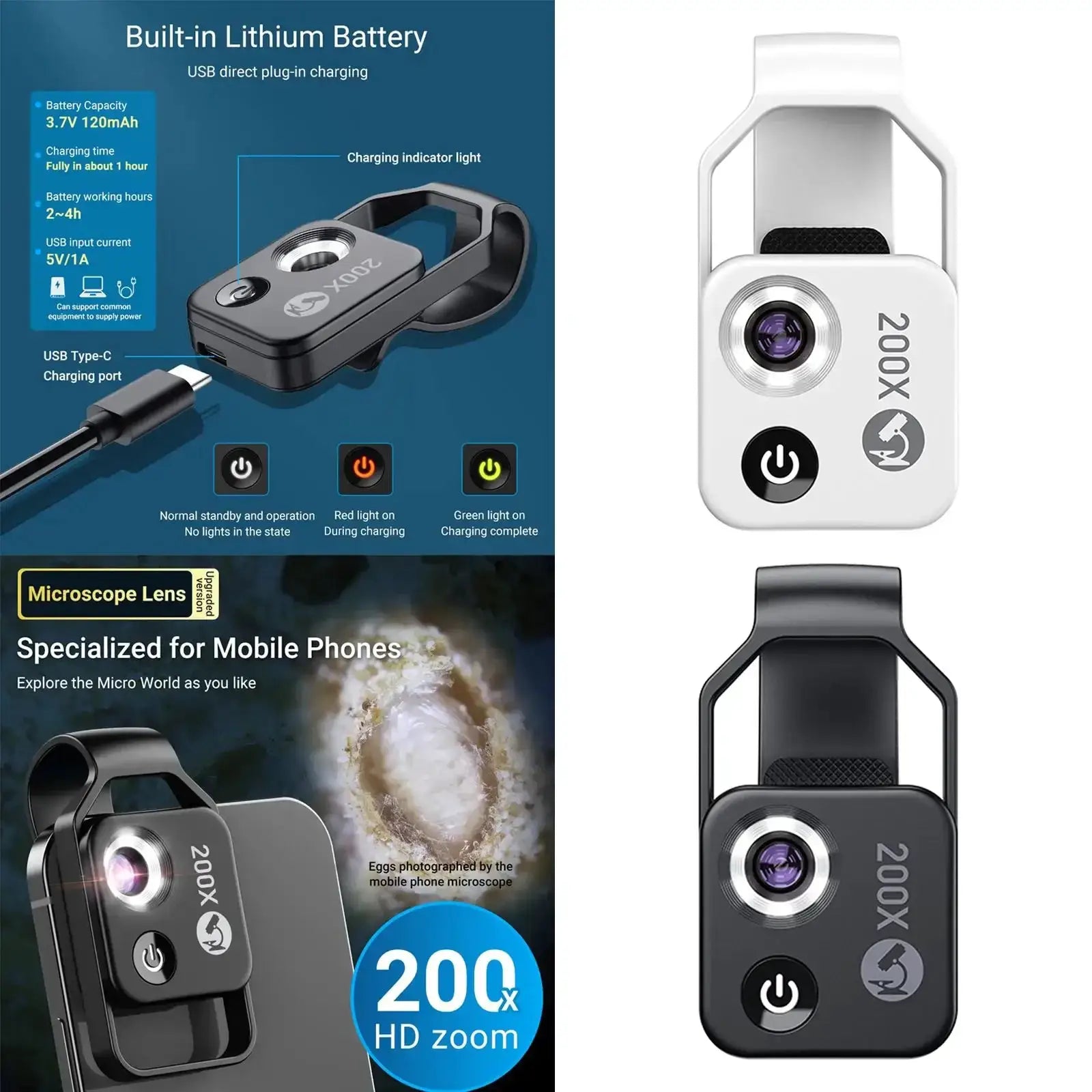 200X Zoom Lens With CPL And LED For Smartphone Microscope