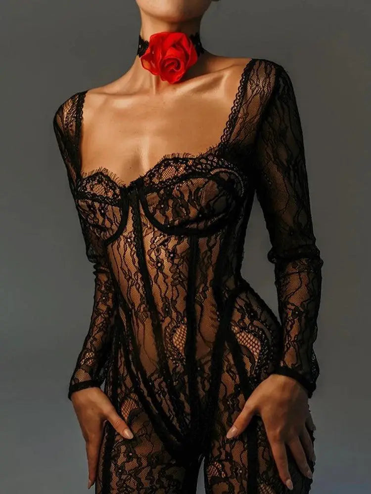 Mozision Lace Backless Jumpsuit Nightclub Elegance Statement