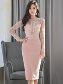 Korean Retro Lace Sheath Dress Elegant Office Casual Wear