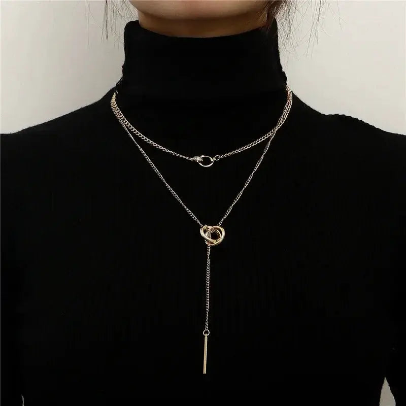 Vintage Double Round Charm Layered Necklace Womens Jewelry