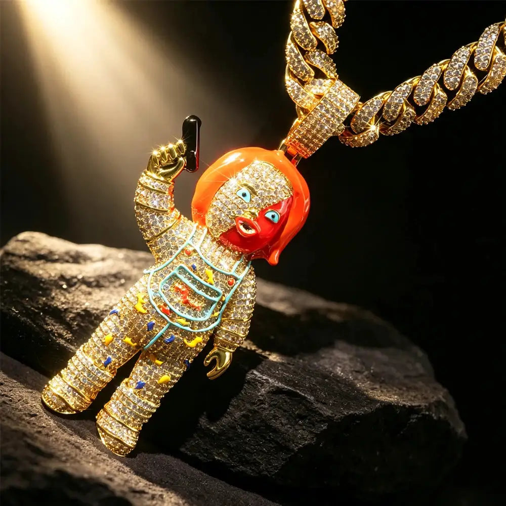 Orange Hair Girl With Gun Pendant Iced Out Gold Plated — product view 1