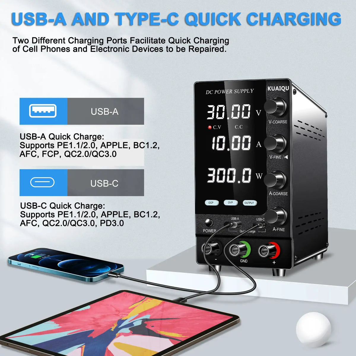 KUAIQU 2024 Newest OCP OVP DC Adjustable Laboratory Power Supply 30V 10A 5A Output Switch USB-A TYPE-C Port Fast Charging 120V