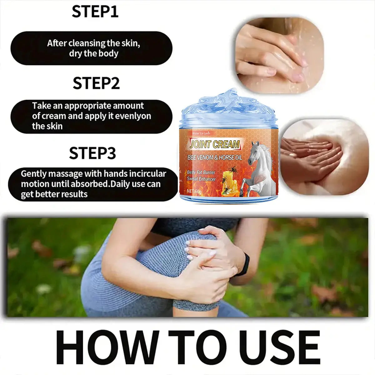 Bee Venom & Horse Oil Joint Cream - Moisturizing Formula with Ginger, Chamomile, and Arnica Extracts, Suitable for Knees, Back, Shoulders, and Neck Muscles - 60g