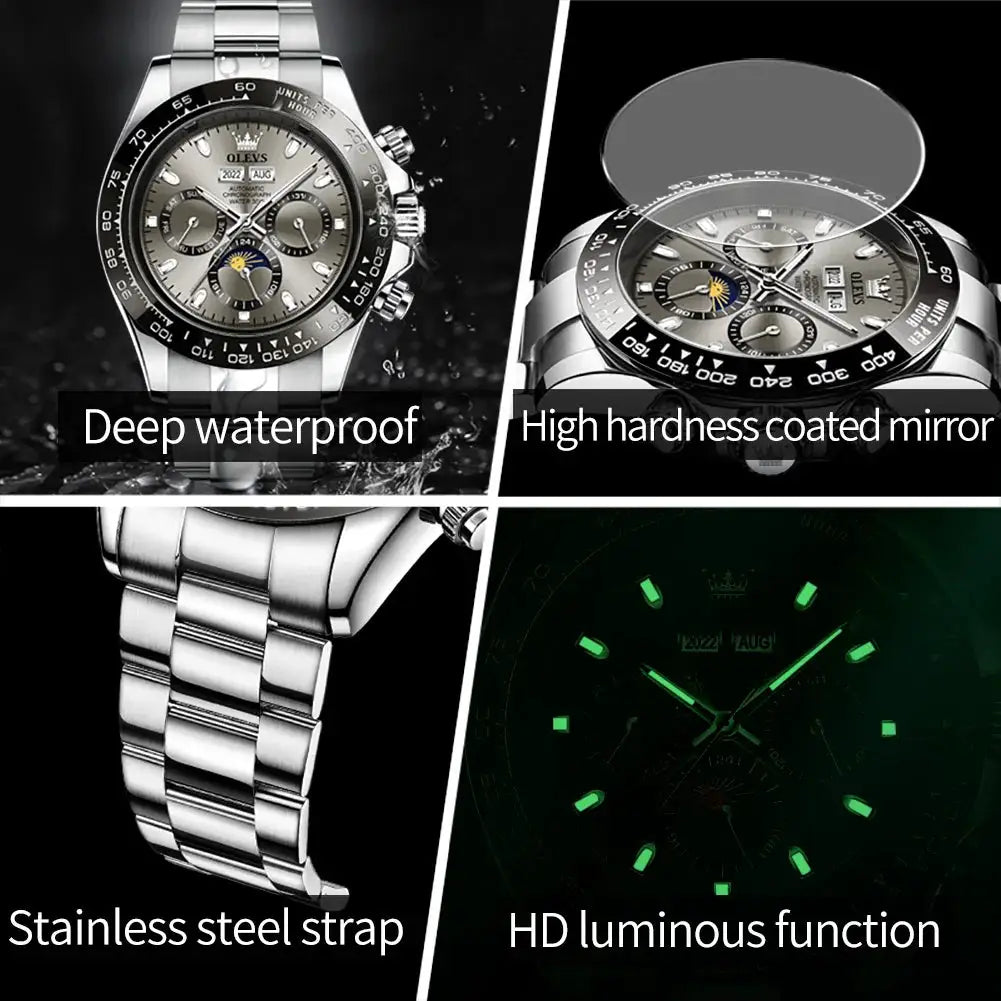 OLEVS 6654 Luxury Mens Watch Chronograph Automatic Mechanical Wristwatch Waterproof Luminous Top Brand Watch for Man Date Sport