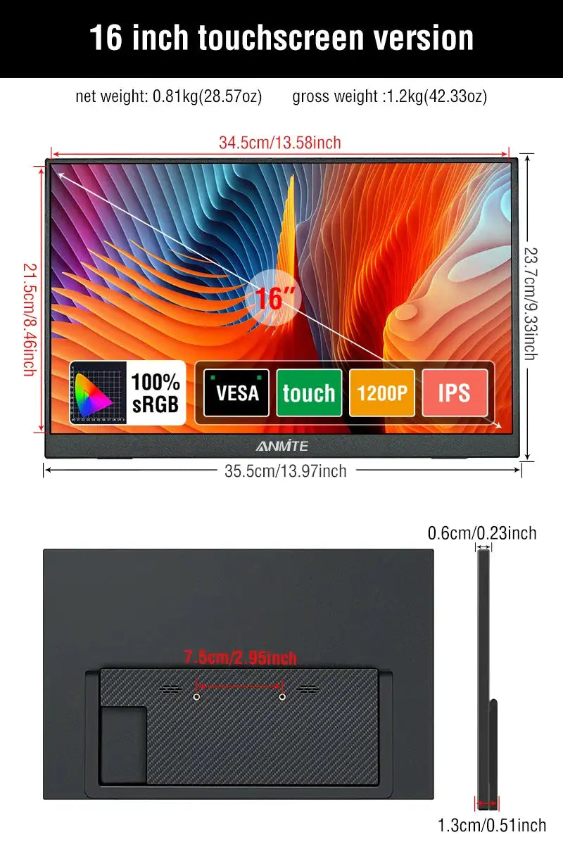 Anmite 16 Inch Portable Touch Monitor Non-touch Optional 1200P 1920*1200 HDR IPS External Screen, Full Function Type-C HDMI Plug&Play Built-in Speaker Low Blue Light Gaming Display For Phone Laptop Switch PS4 PS5 Xbox Steam D