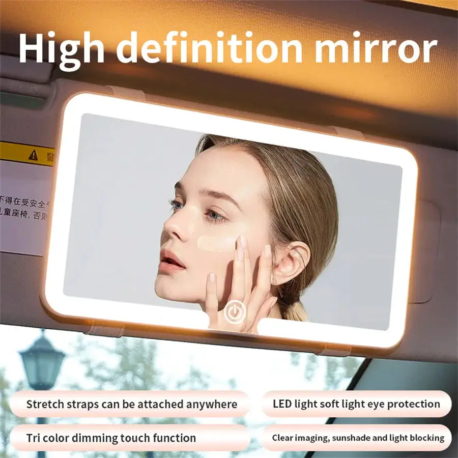 Universal Car Sun Visor Makeup Mirror with LED Fill Light, Rechargeable HD Vanity Mirror, Portable Car Interior Cosmetic Mirror