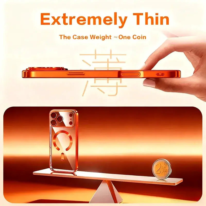 Fashion Orange Magnetic Clear Case For iPhone Air 18 17 16 15 14 13 12 11 Pro Max Plus Wireless Charge Plating Soft Cover