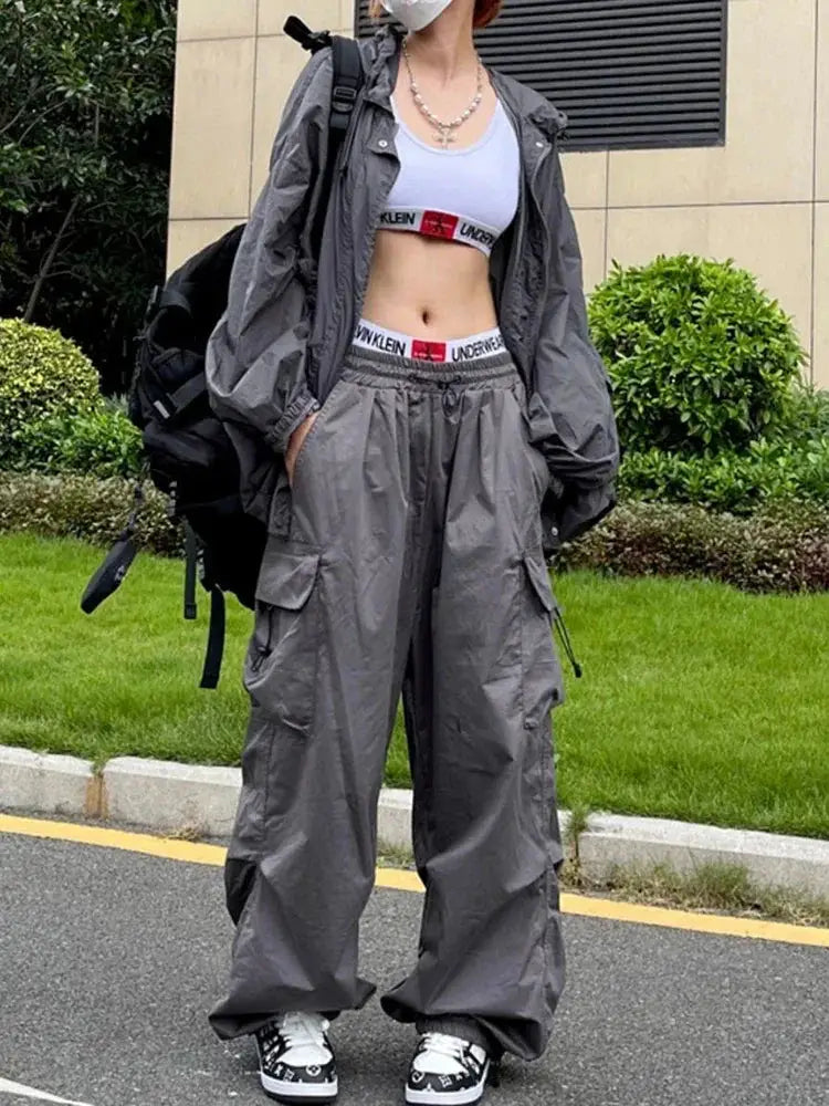 Y2K Parachute Black Cargo Trousers Women Hippie Streetwear