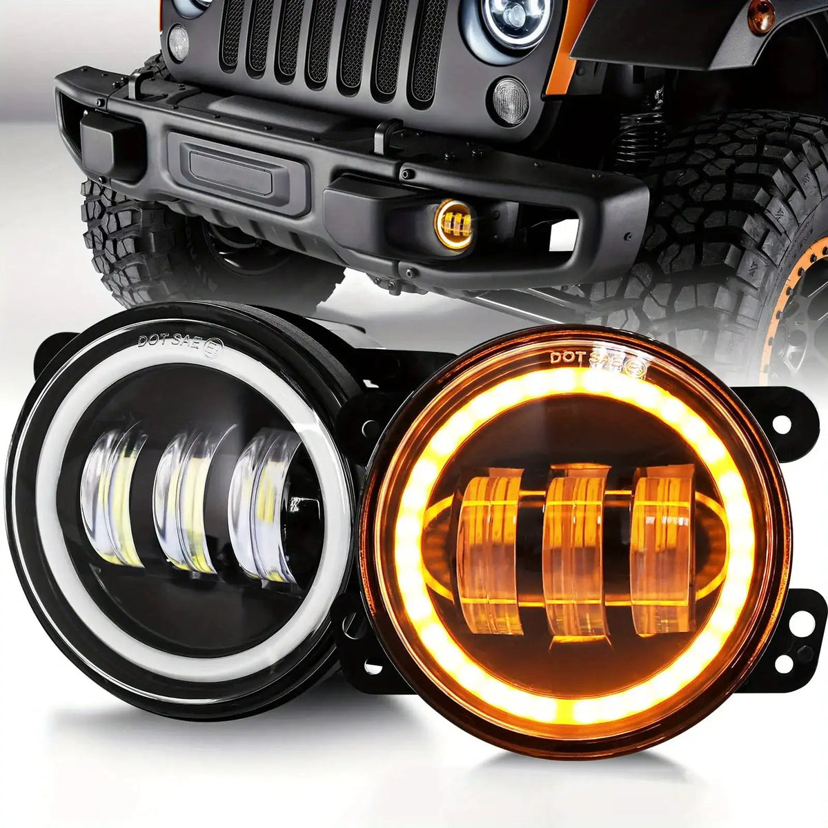 4 Inch LED Fog Lights White Angel Eyes Work Light for Jeep Wrangler JK Unlimited JKU 2007-2018 with White DRL Amber Turn Signal