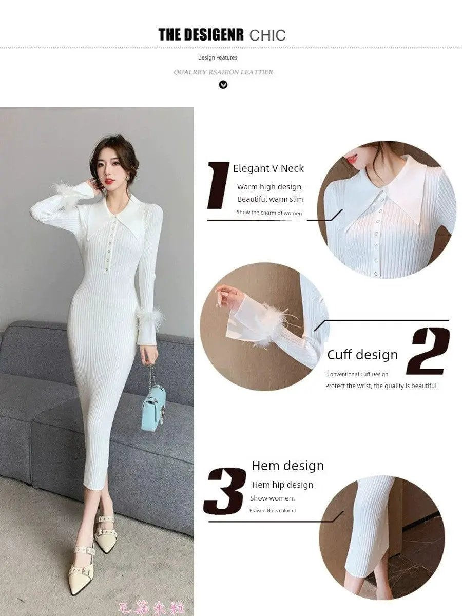 Autumn Winter Pointed Collar Knit Dress For Modern Women