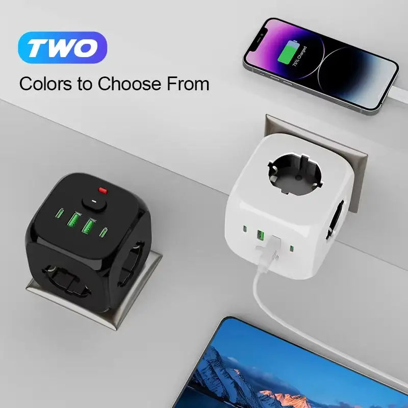 1 7-in-1 EU power strip, power strip surge protector with 3 AC Outlets 2 USB Ports And 2Type C, Cube Socket for Home