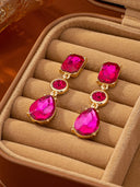 Rose Red Imitation Gemstone Stud Earrings For Women Wedding Ready Gold Plated