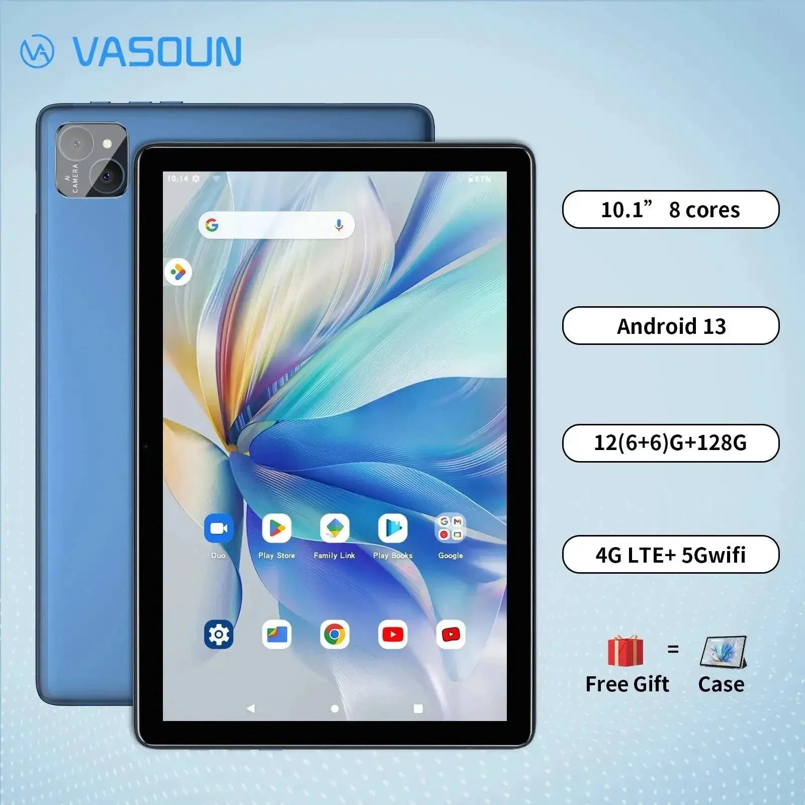 Vasoun 10.1 Inch Octa Core Android Tablet 128GB Dual SIM 4G