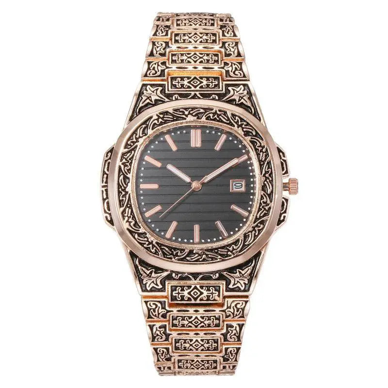 Vintage Floral Carved Mens Quartz Watch Timeless Timepiece