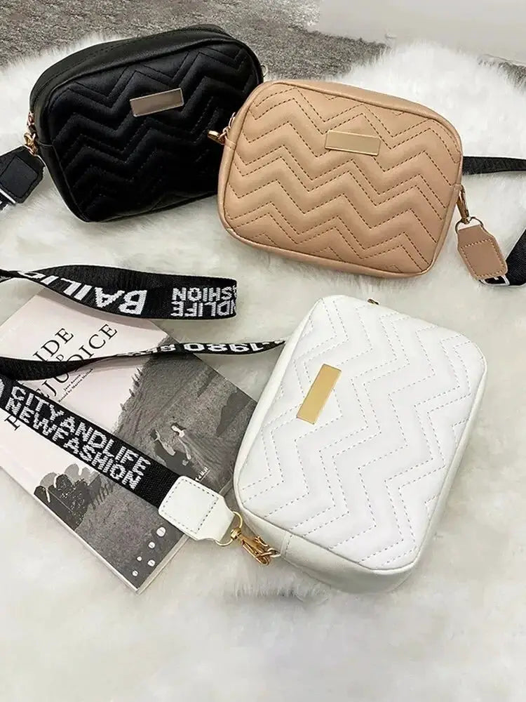 Wave Embroidery Square Bag With Printed Shoulder Strap - OurLum.com
