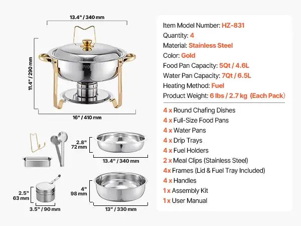SucceBuy 4 Pack Chafing Dish Buffet Set Stainless Steel Chafer W/4 Full Size Pan Round Catering Warmer Server for Party Banquets
