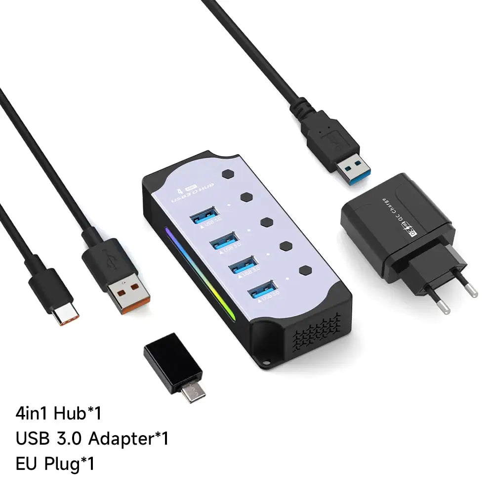 10 in 1 Powered USB HUB USB 3.0 Interface Individual Switch RGB E-Marker Heat Dissipation Design DC 5V Power Supply Adapter