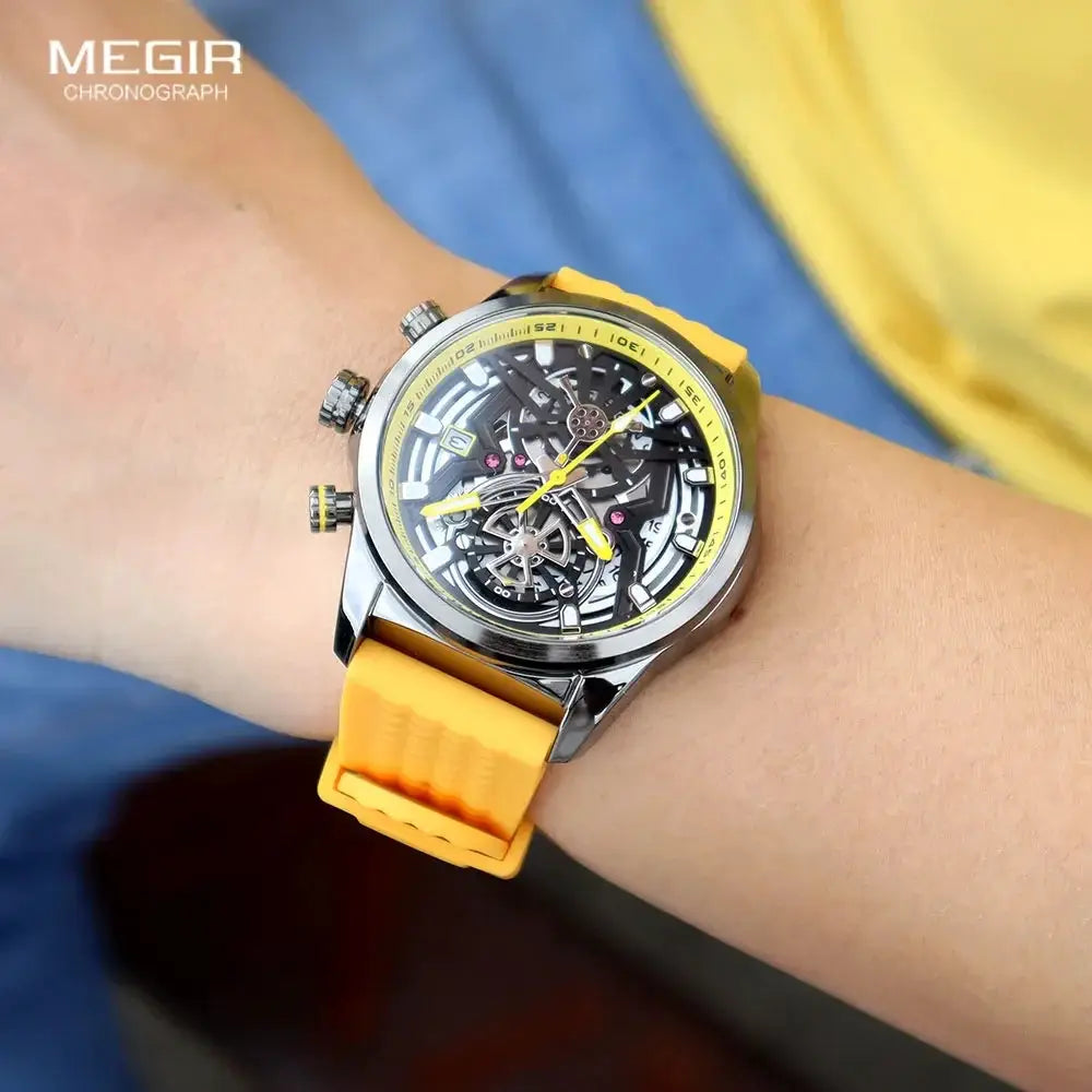 Megir Chronograph Watch For Men Yellow Silicone Strap - OurLum.com