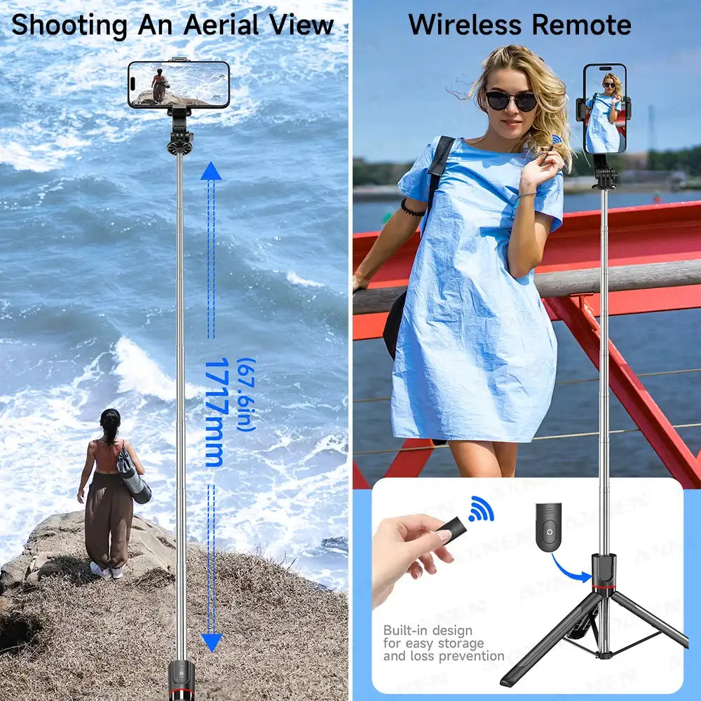 F15 Selfie Stick Tripod with Bluetooth Remote, 6-Section Extendable Pole, 360° Rotation, Fill Light Option, for Phone Vlog