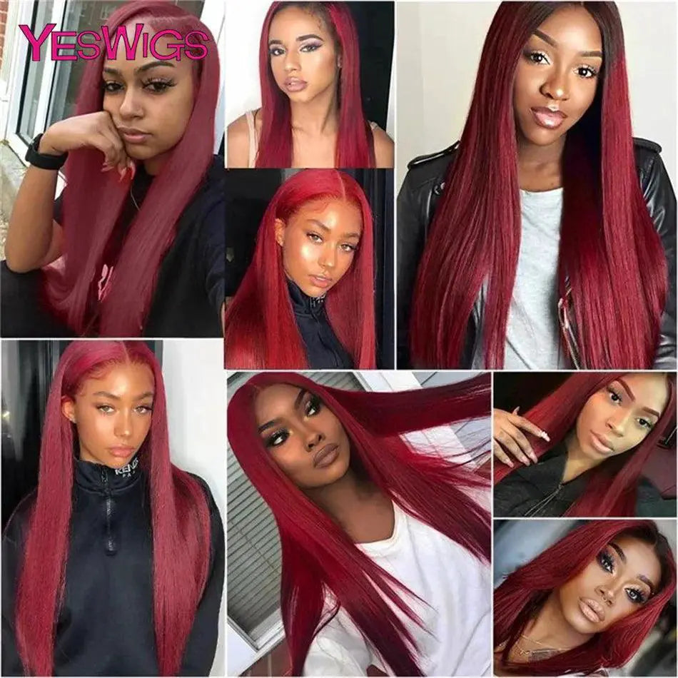 Glueless HD Burgundy 99J Straight Lace Front Wig For Women