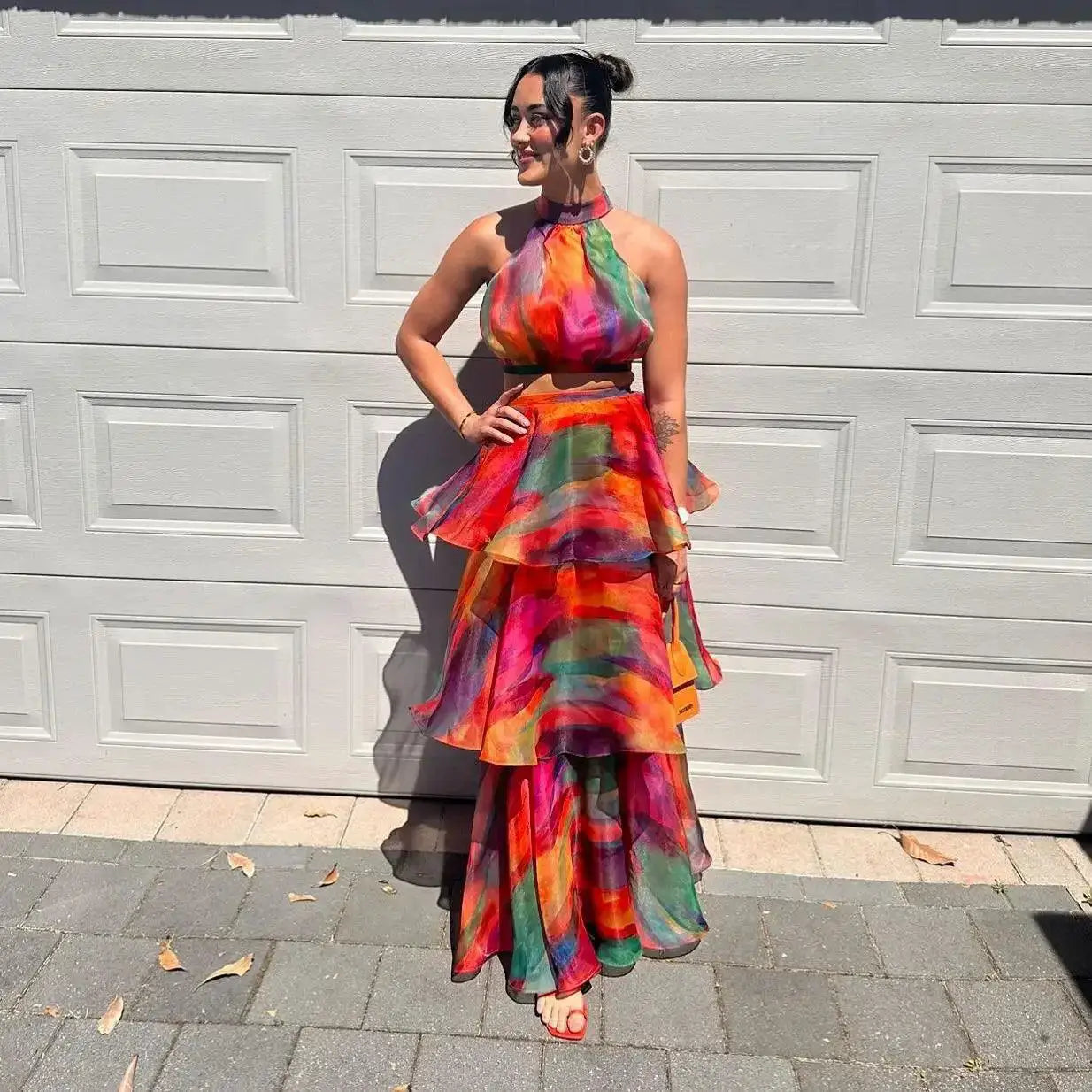 Bohemian Patchwork Ruffle Halter Dress For Summer Chic