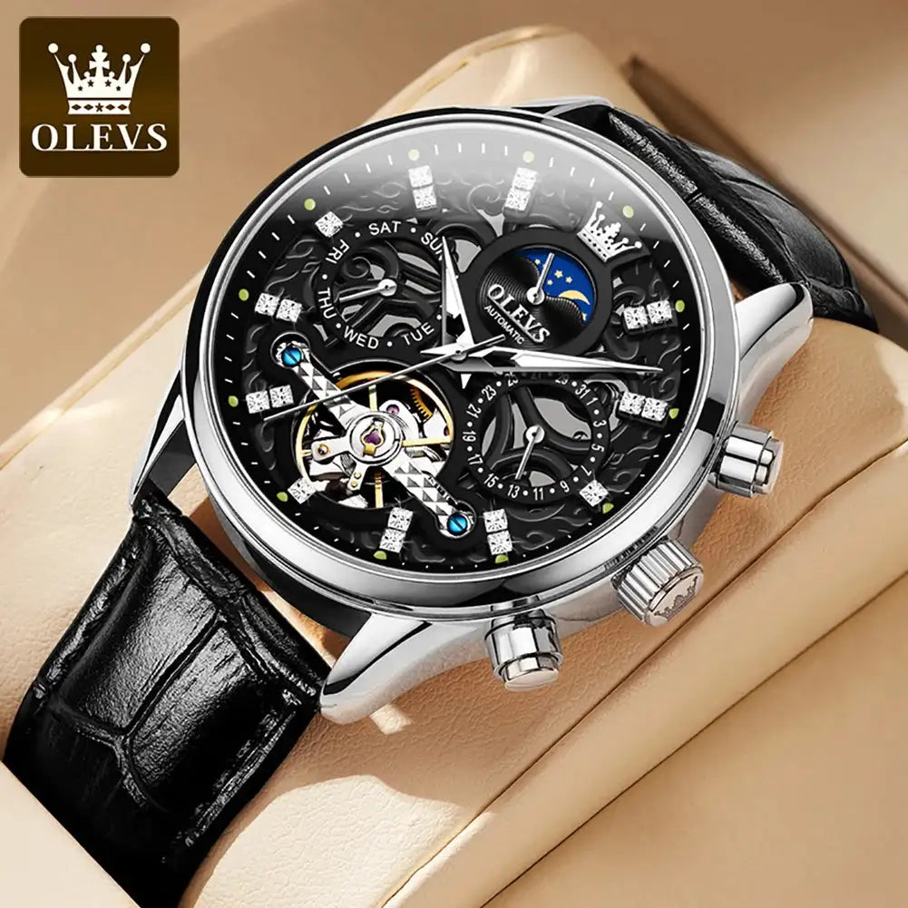 OLEVS 6658 Mens Watch Business Leather Strap Reloj Hollow out Mechanical Automatic Wristwatch Waterproof Luminous Watch For Man