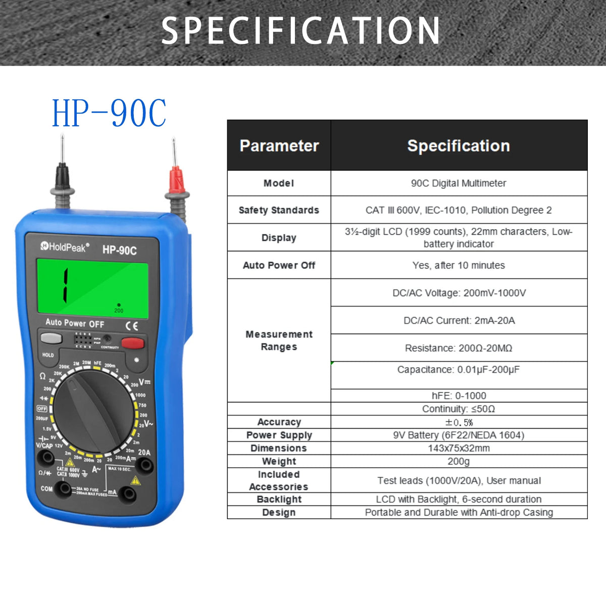 HoldPeak Digital Multimeter True RMS Auto Range Electrical Tester — product view 8