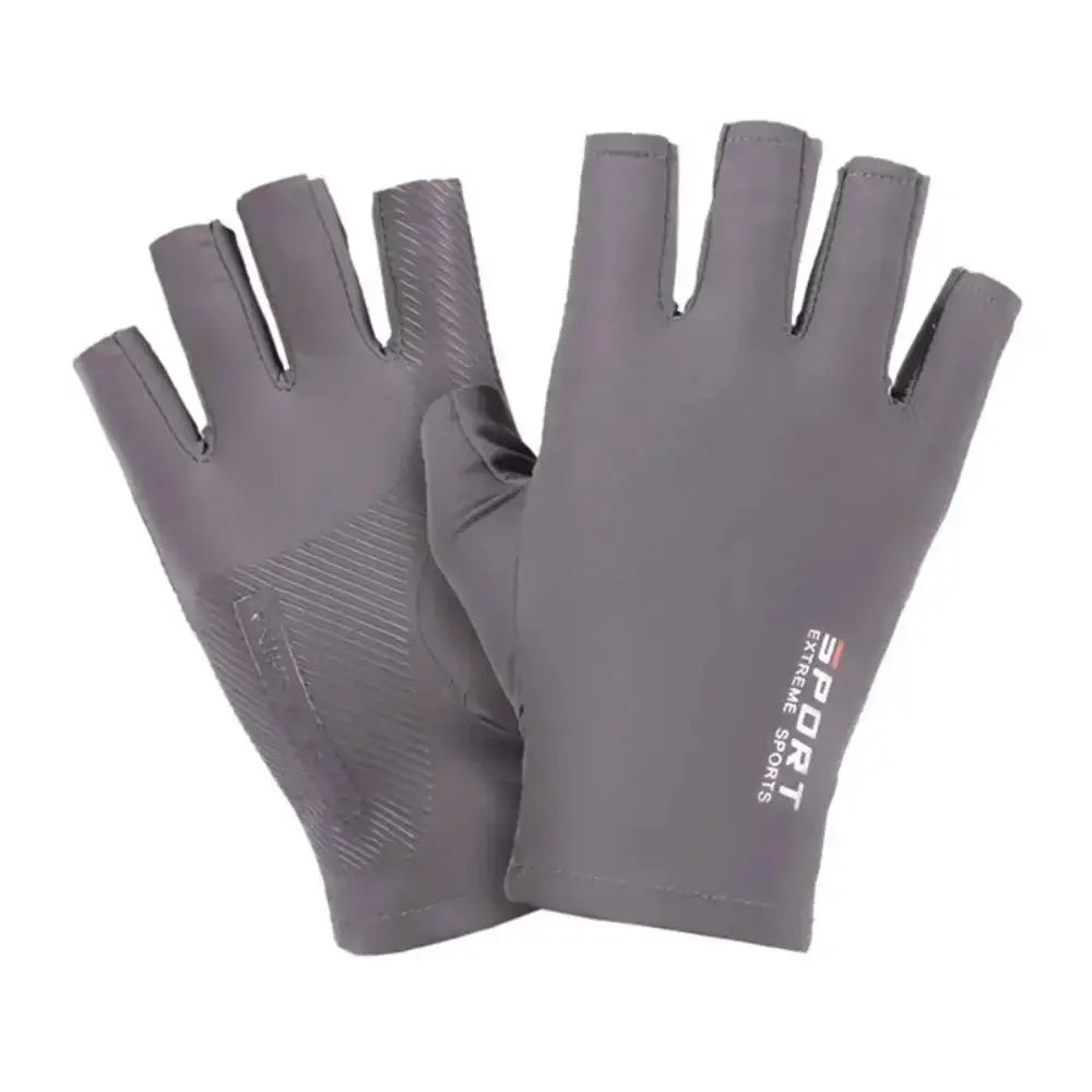 Gray fingerless sports gloves with grip texture and 'Sport Extreme Sports' text, ideal for fitness