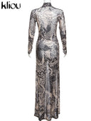 Kliou Mesh Vintage Prints Maxi Dress Women Sheer Long Sleeve Bodycon Party Dress