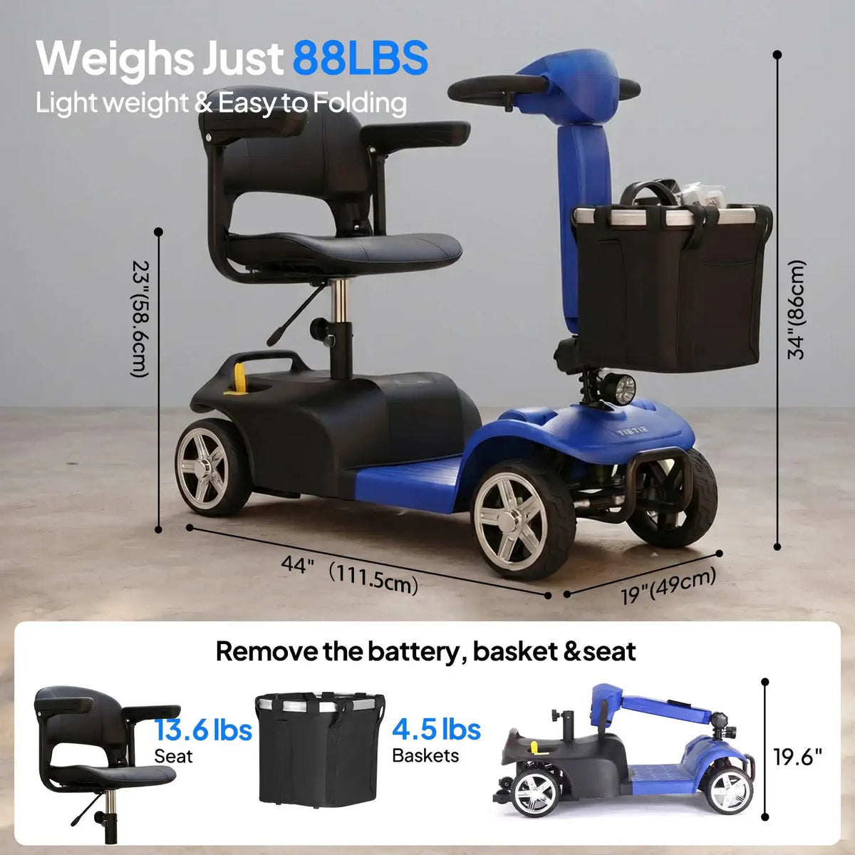 X02 4 Wheel Folding Electric Elderly Mobility Scooter 250W Motor 24V 10.4Ah Lead-acid Battery,Battery 10Miles Range 5MPH Solid Tires Anti‑tip Wheels LED Light For Seniors Disabled Adults