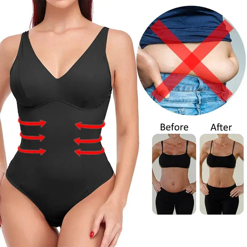Deep V Neck Shapewear Bodysuit Built In Bra Slimming Thong