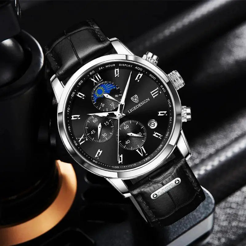 Lige Chronograph Leather Watch for Men Japanese Quartz