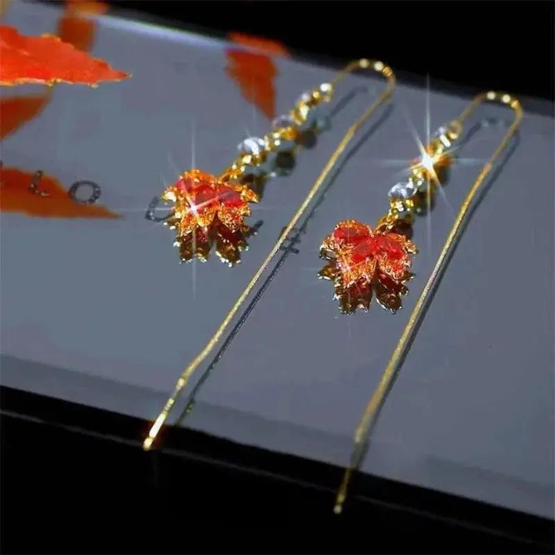 Vintage Red Maple Leaf Crystal Earrings Timeless Elegance