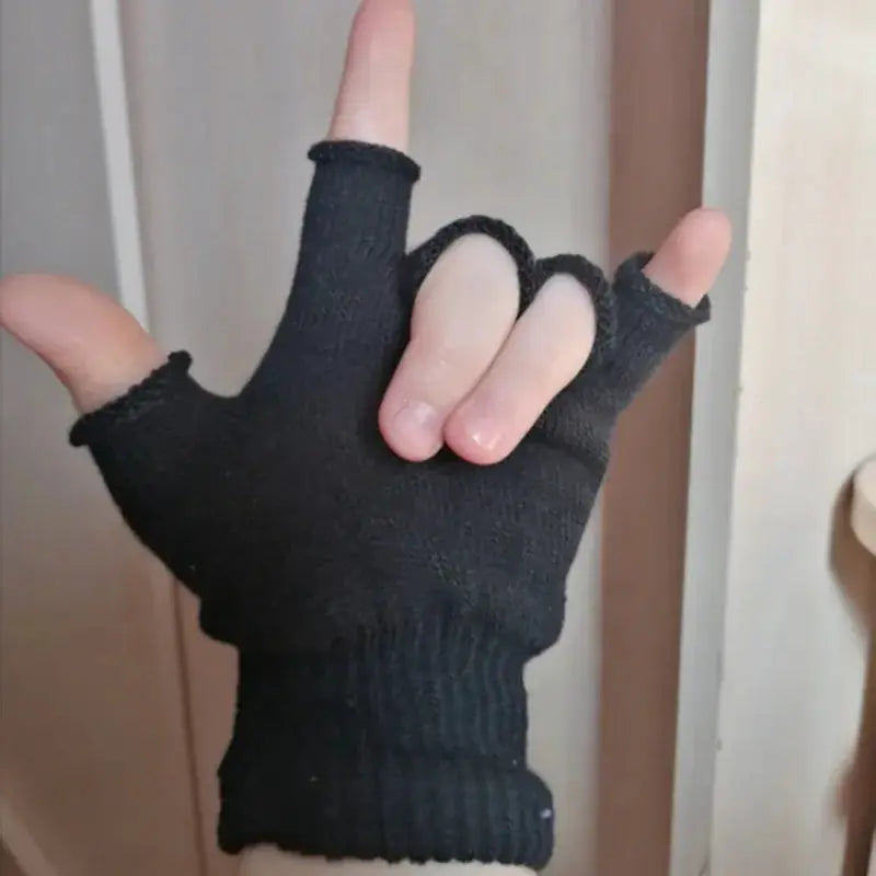 Black Short Half Finger Fingerless Knit Wrist Gloves 1 Pair