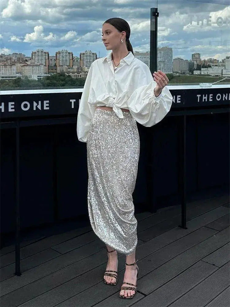 Sequin Maxi Skirt Glamorous High Waist Glitter Elegance