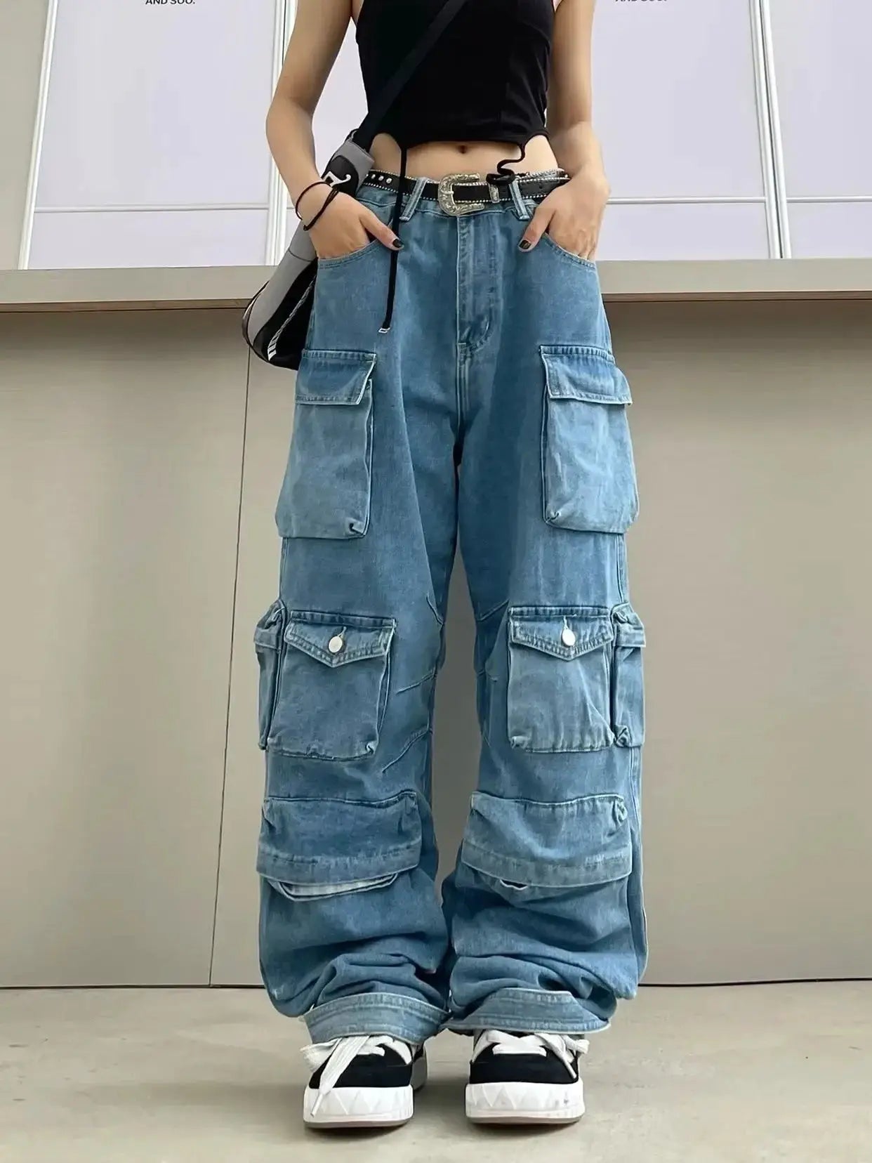 Street Trendy Womens Black Grey Multi Pocket Denim Pants