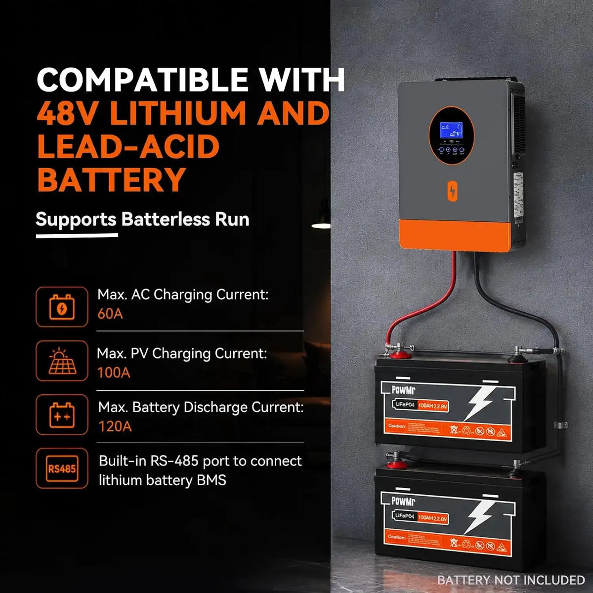 PowMr 6.5KW Split Phase Inverter 48V 110V or 220V with MPPT 100A Solar Battery Charger RS485 CAN Max PV Array Power 7200W