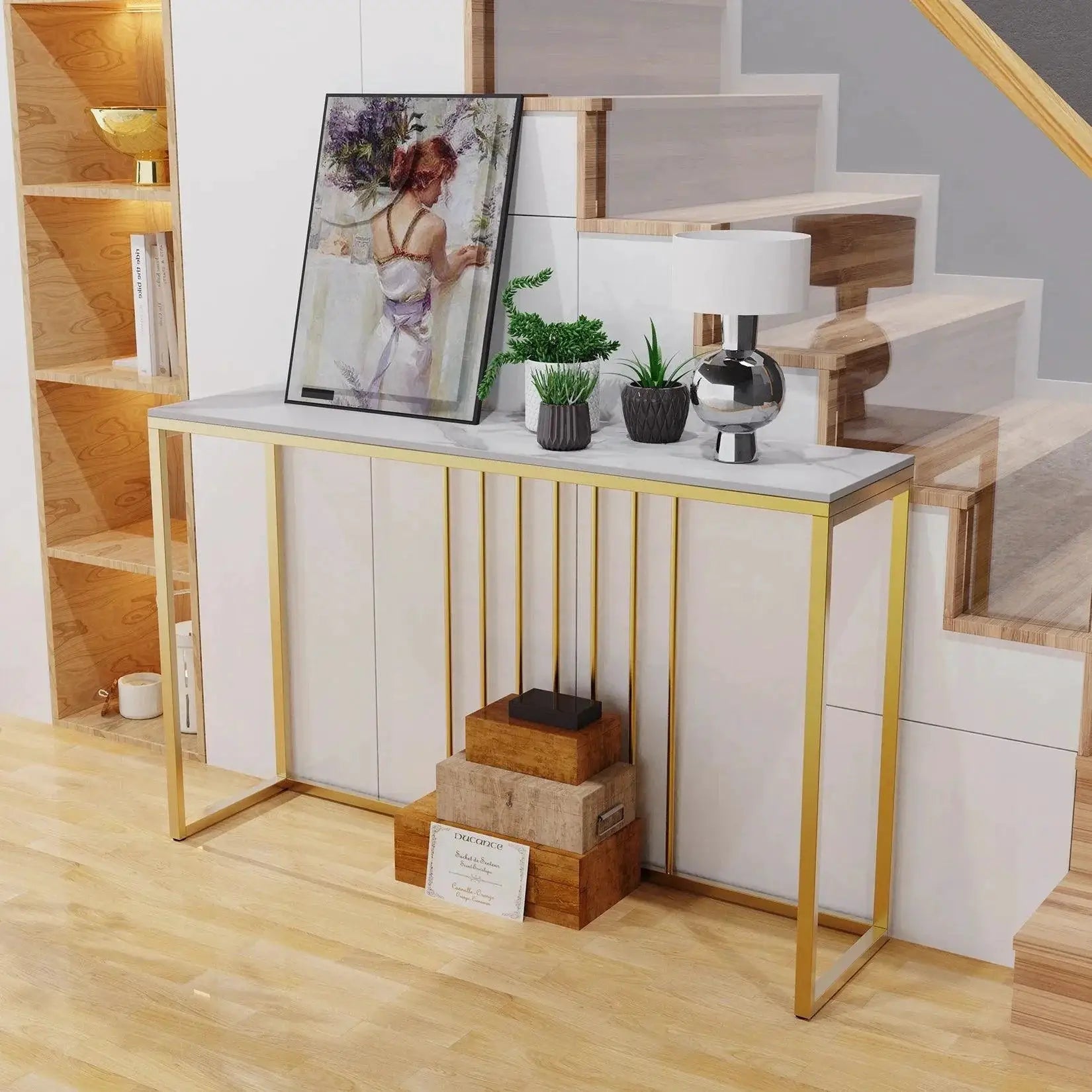 47 Inch Extra Long Console Table Sintered Top Gold Legs