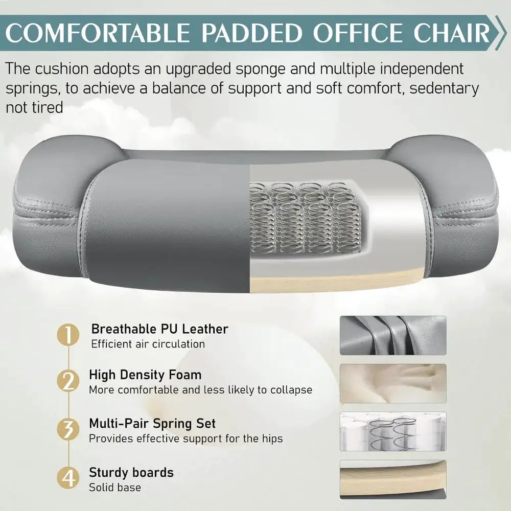 Ergonomic PU Leather Office Chair with Adjustable Armrests, 360 Swivel, Lumbar Support, Wheels, Grey