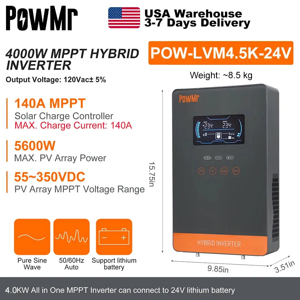 PowMr USA 4000W 24V Hybrid Solar Inverter Charger 100/110/120V AC Pure Sine Wave 140A MPPT Charger Max 5600W PV 55-350V DC Off Grid Inverter for Lead Acid AGM Gel Lithium Battery Home Emergency Solar Power System