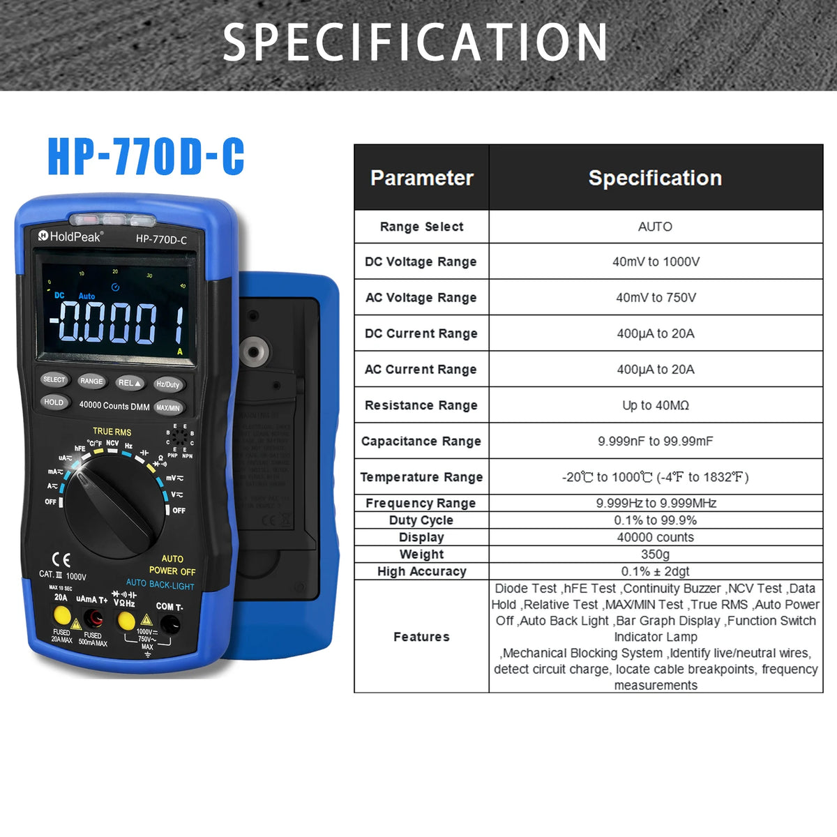 Digital Multimeter Auto Range TRMS DC AC Meters , Counts Tester — product view 8