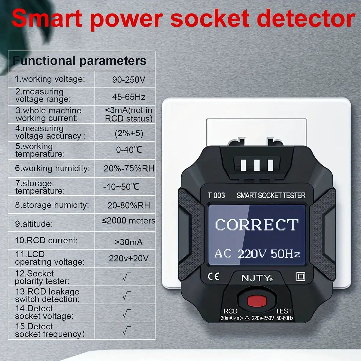 NJTY Socket Tester Voltage Test Outlet Detector EU UK US Plug Ground Zero Line Plug Polarity Phase Check Digital AC Voltage Test