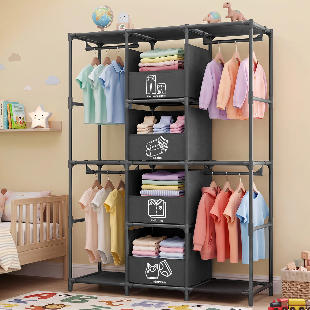 Freestanding Wardrobe Closet Dustproof Hanging Rods & Drawers — product view 7