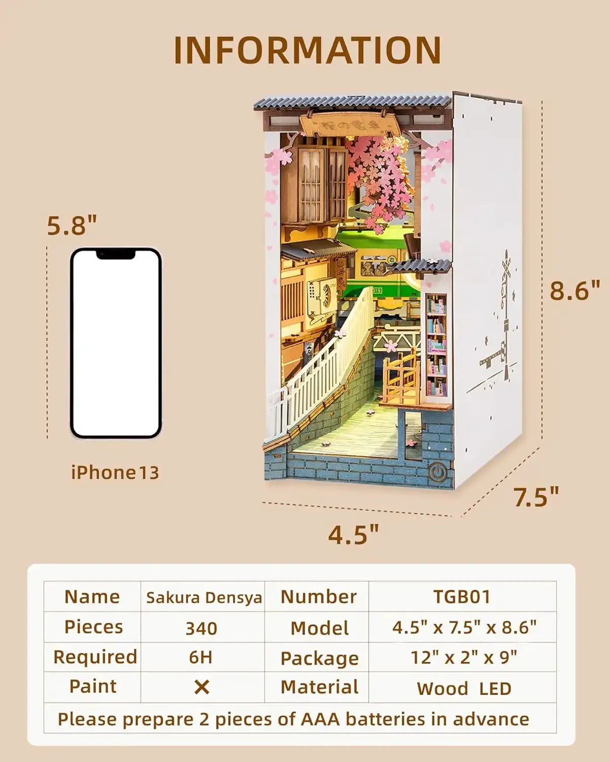 Robotime Sakura Densya Japan Book Nook Kit Glue-Free DIY Miniature House Model Kits 3D Wooden Puzzle Dust Cover Bookshelf Decoration Gift