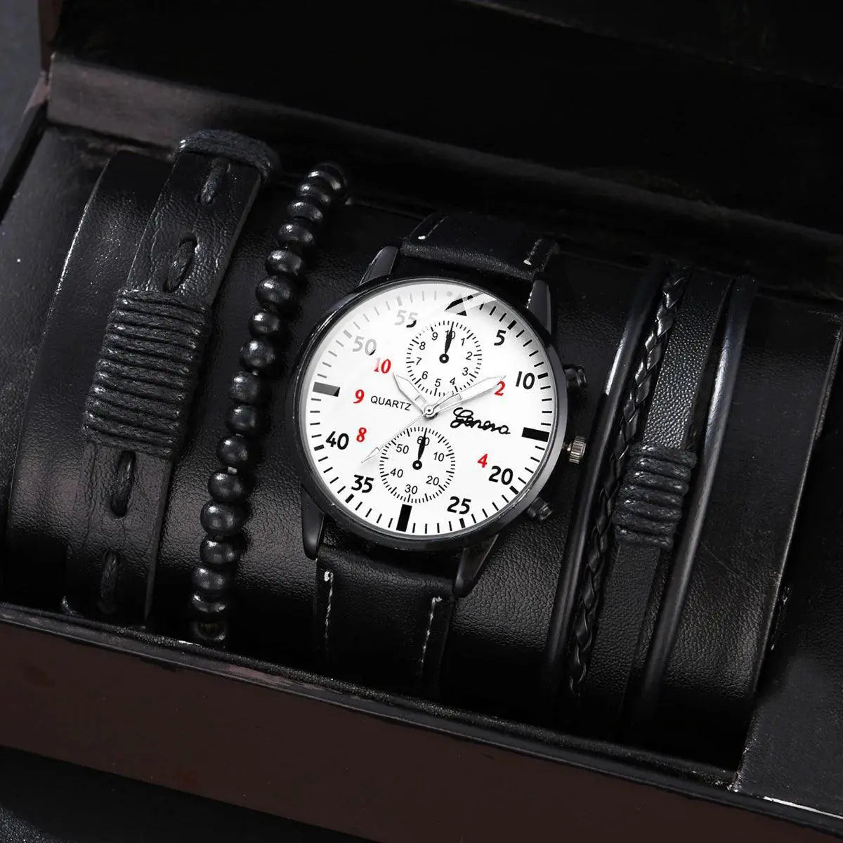 Luxury Mens Leather Watch Set Four Piece For Elegant Style