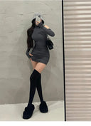 Summer High Neck Bodycon Dress With Oversleeve Pleated Bottom For Women Elegance