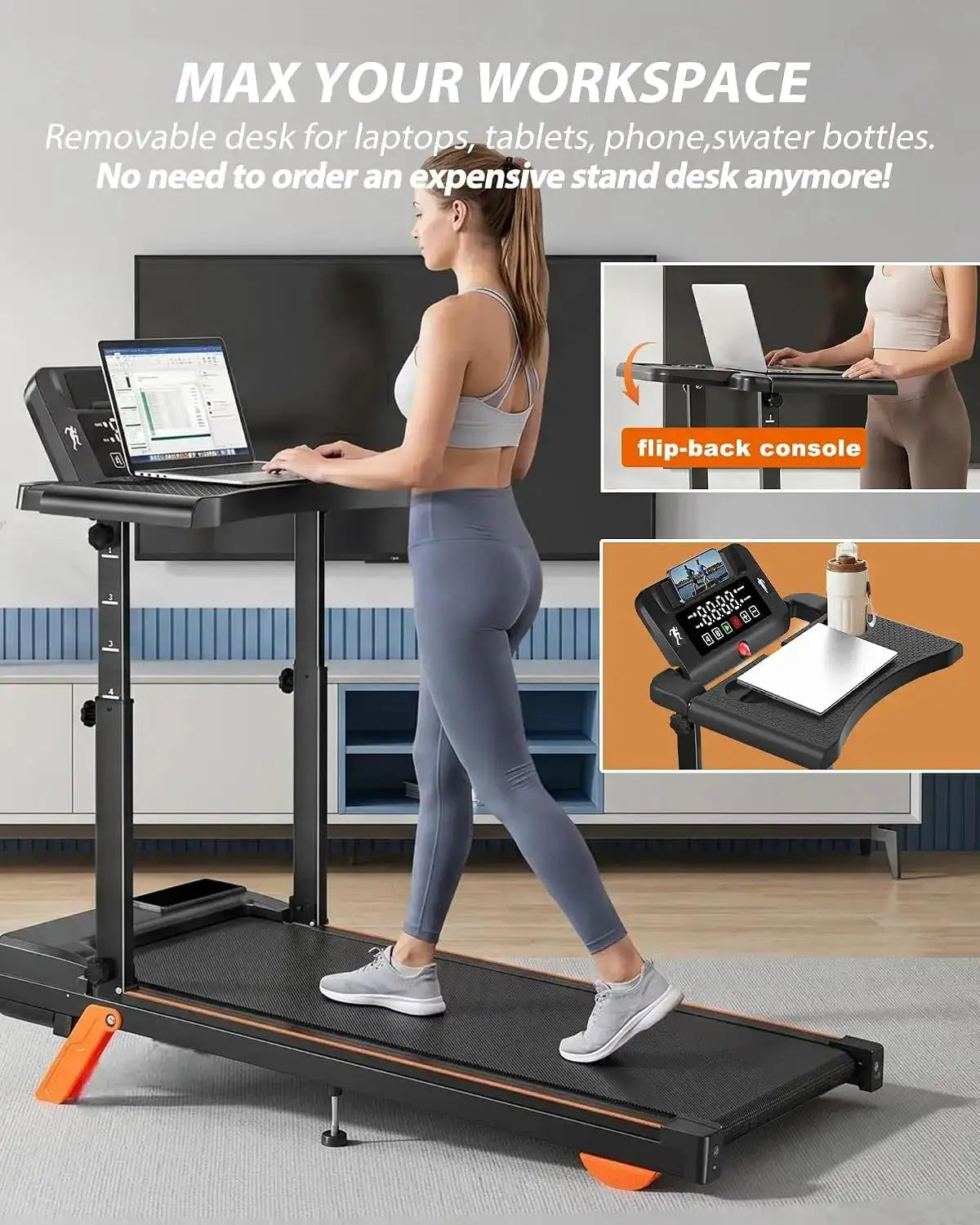 3.5HP Multifunctional Walking Pad Treadmill, 12% Max Incline, Height-Adjustable Handle & Detachable Desk, Max Speed 8.0 MPH, 350-LB Load, Black-Orange Finish