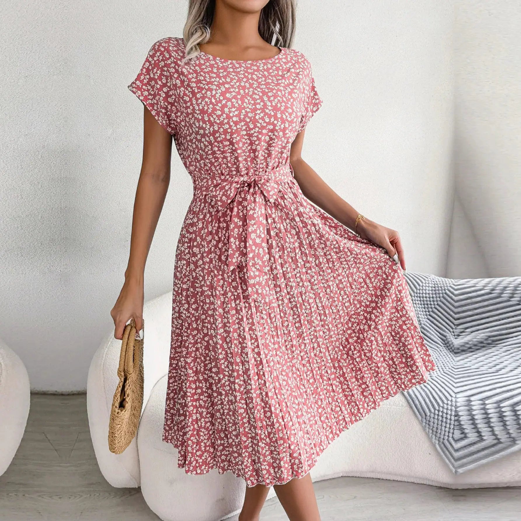 Floral Pleated High Waist Dress Chic Womens Fashion Piece