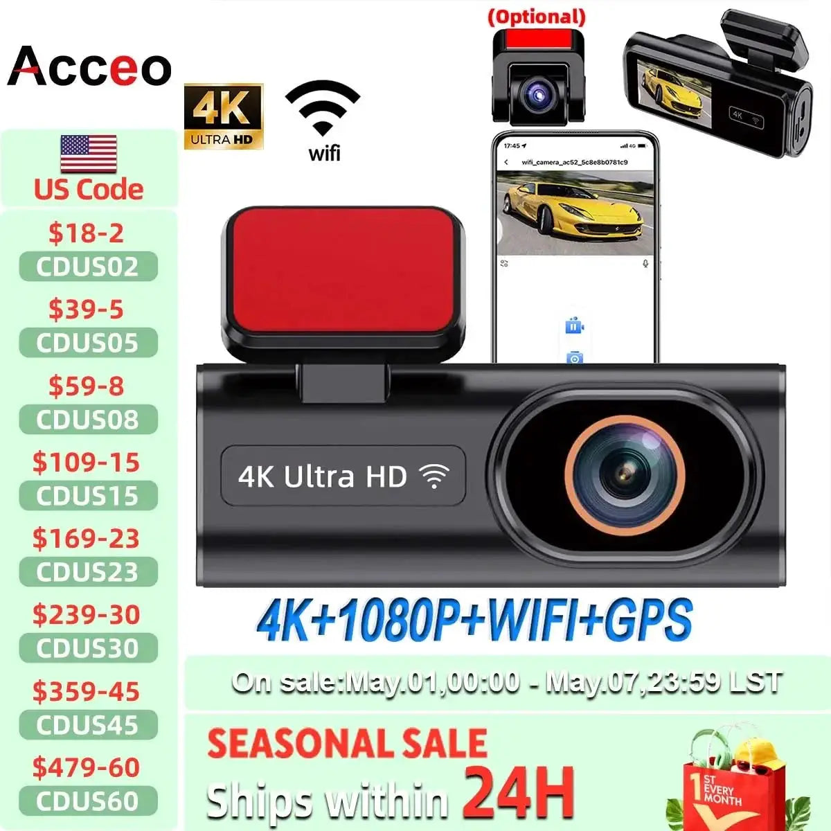 Acceo Dash Cam 4K Front And 1080P Rear Dual Lens With GPS WiFi Night Vision - stepyours.com