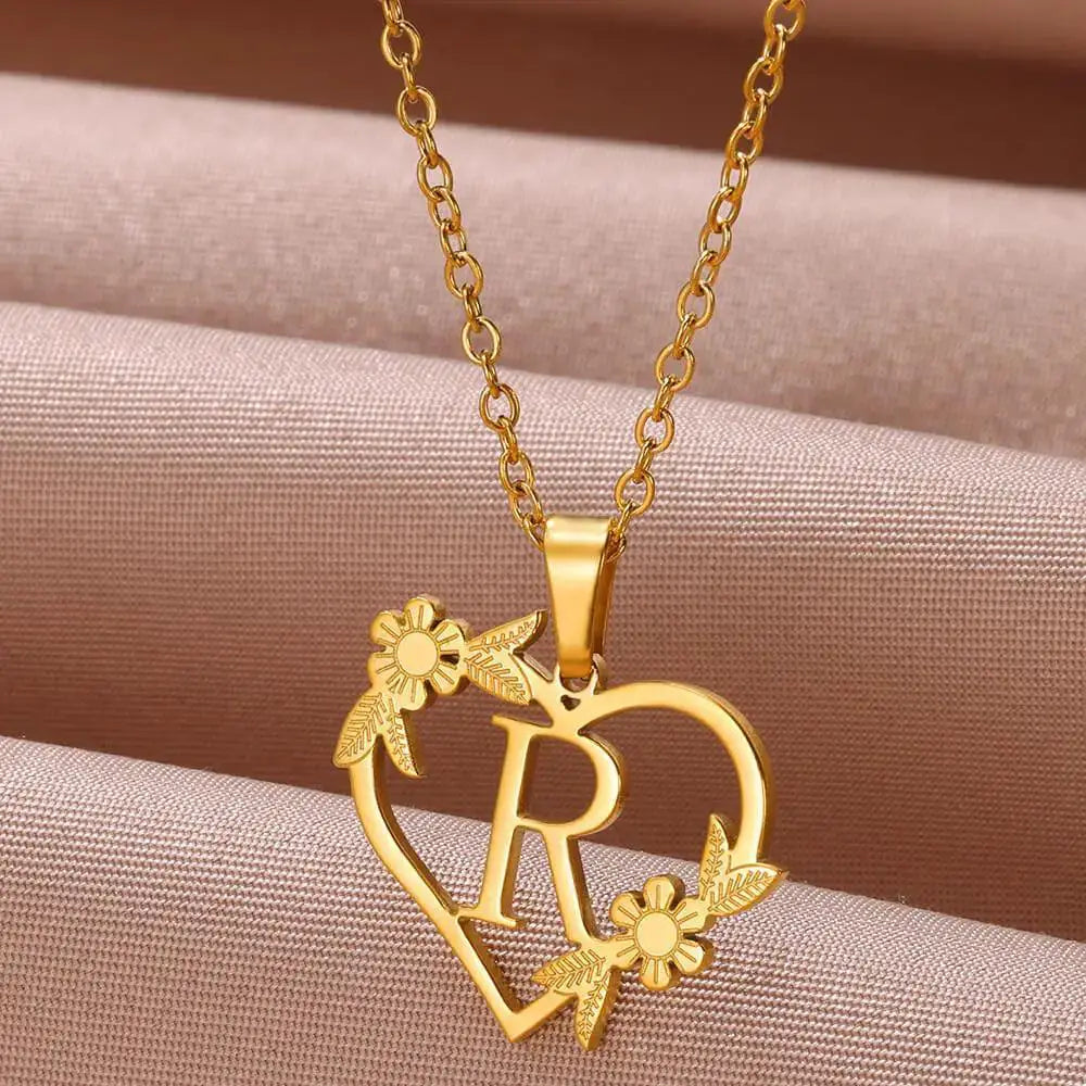 Golden Floral Heart Choker Necklace Alphabet Jewelry